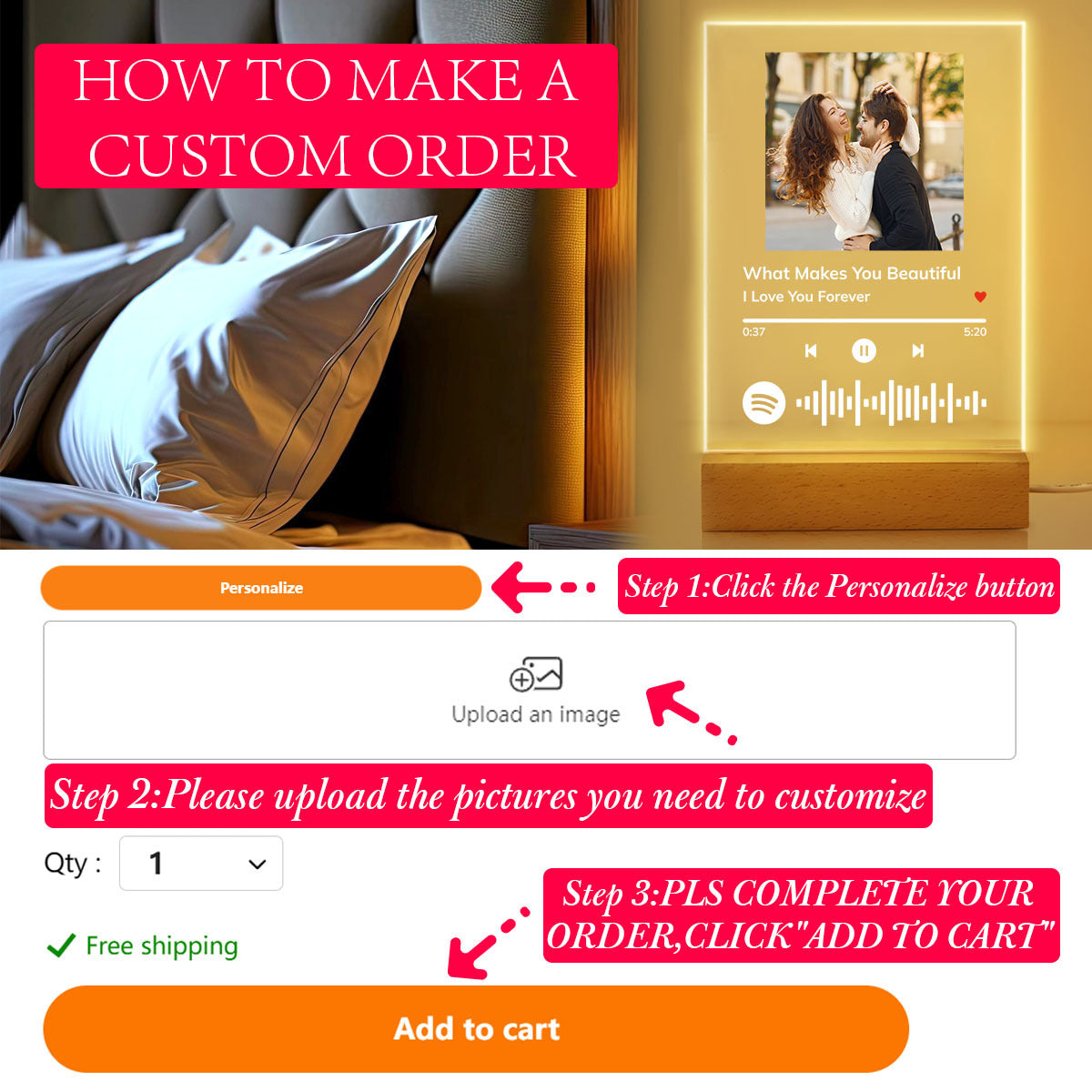 Custom Acrylic Night Light with Photo and Song Frame on USB-Powered Wooden Base