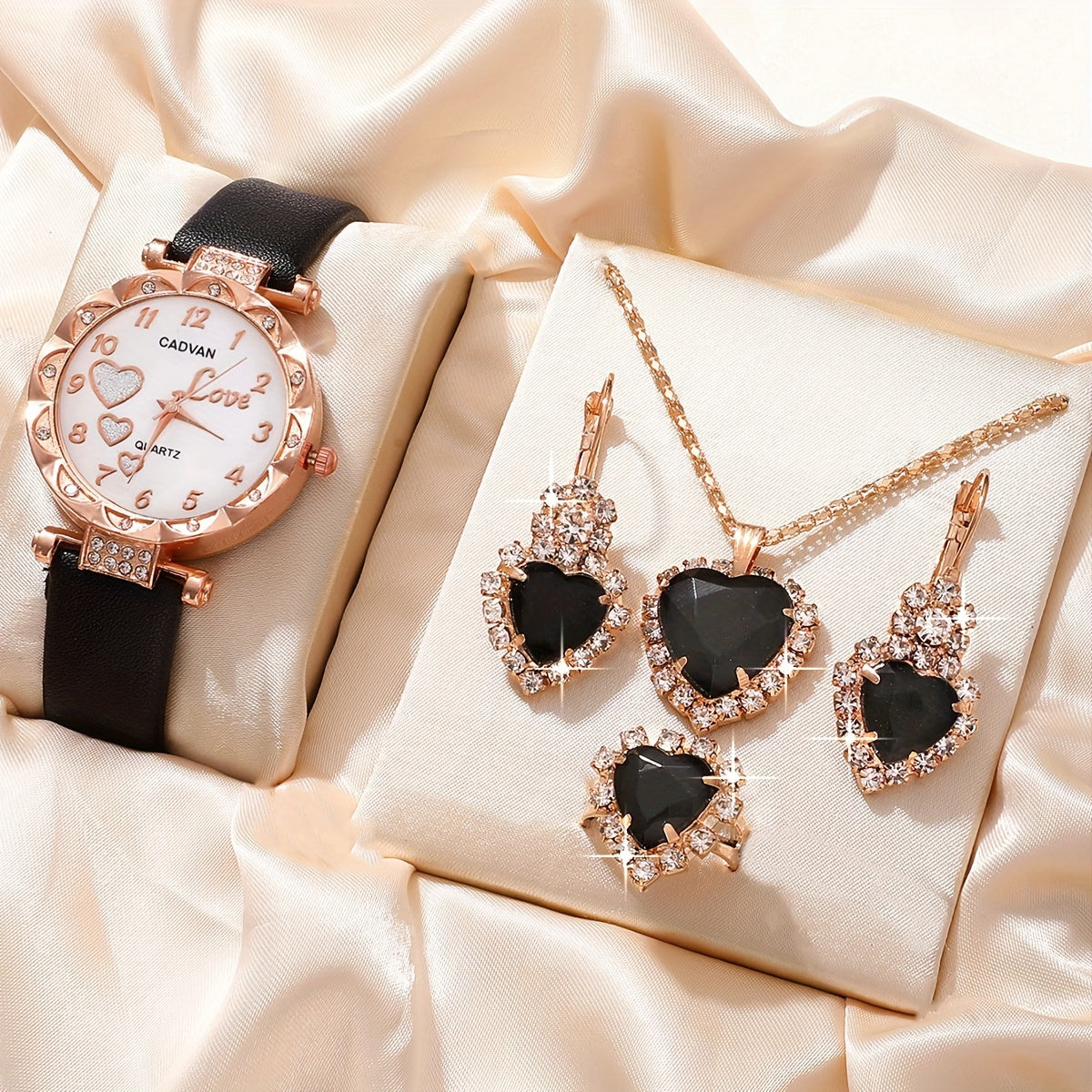 Women's Watch Set with Heart Design and Rhinestone Accents, Includes Matching Jewelry