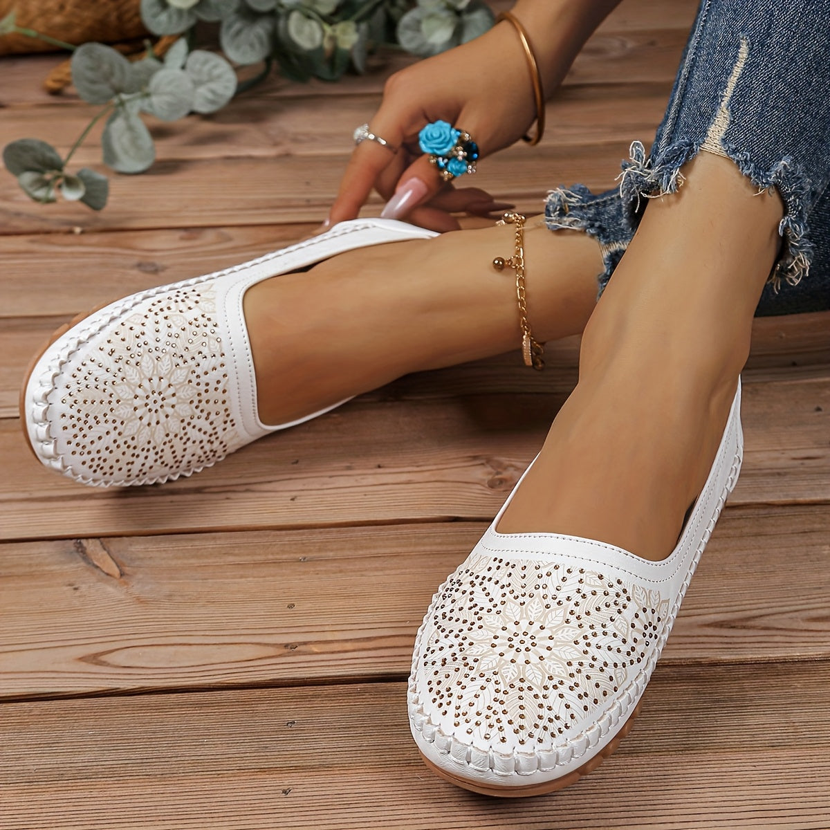 Women's Leather-Embroidered Slip-On Penny Loafers Flat Shoes