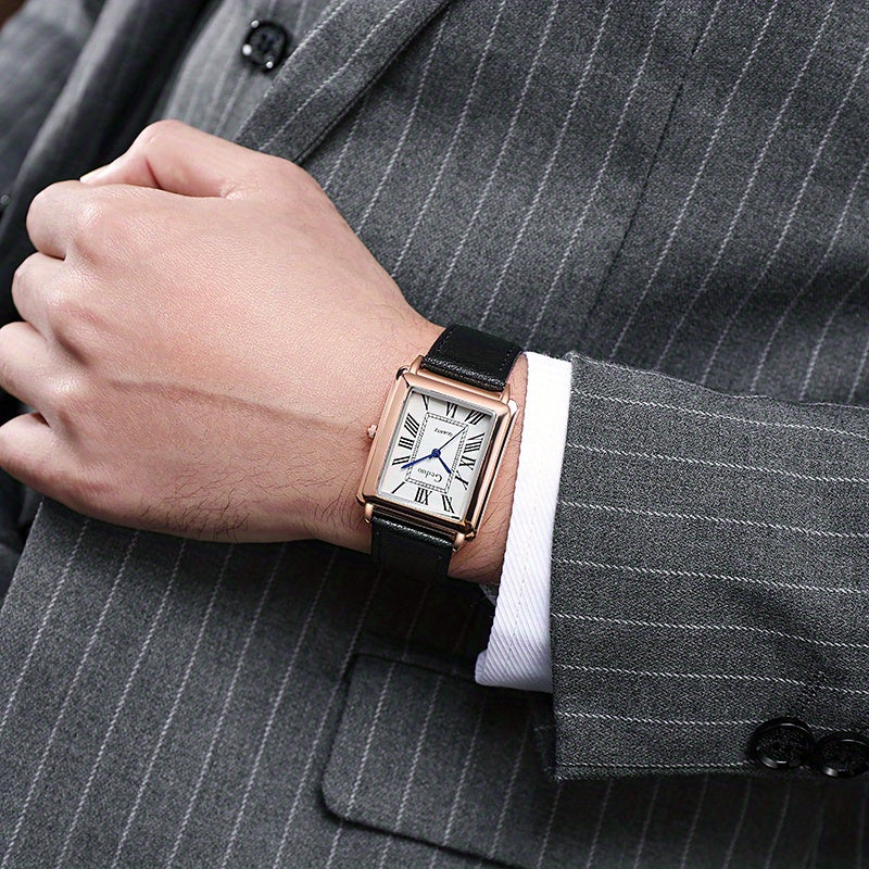 Men's Square Quartz Watch with Roman Numerals and Leather Strap