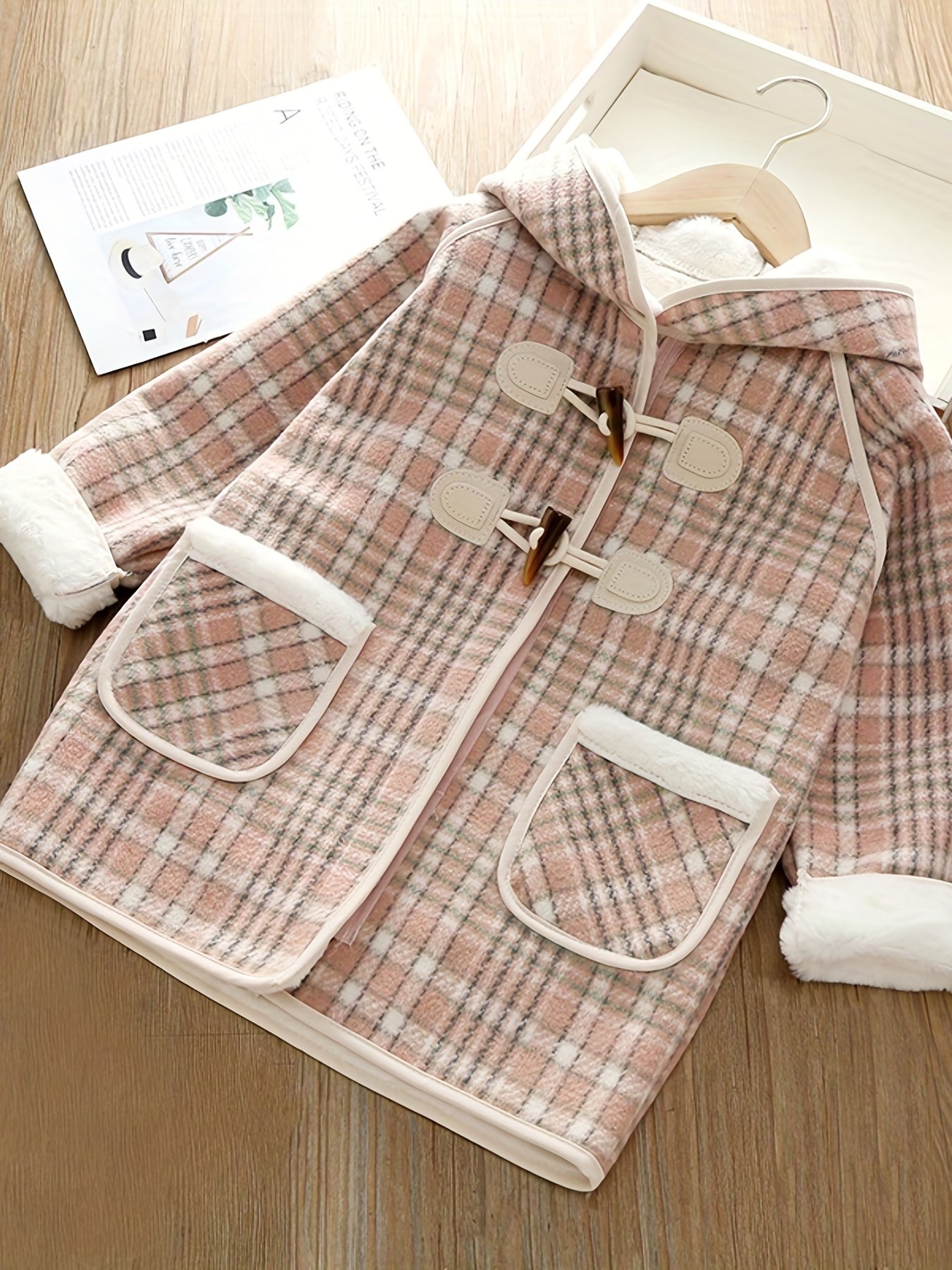 Girls' Winter Fleece Plaid Overcoat with Hood and Pockets for Kids