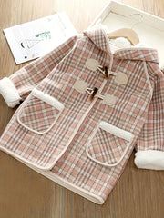 Girls' Winter Fleece Plaid Overcoat with Hood and Pockets for Kids