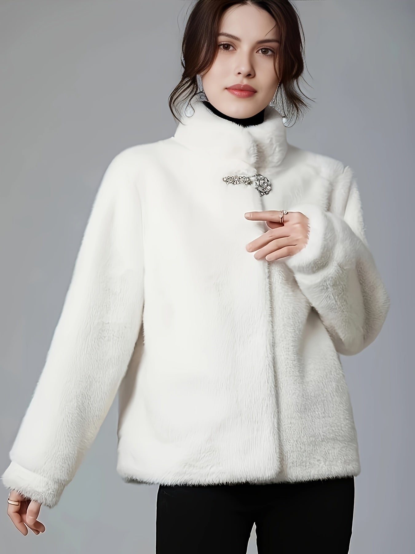 Women Plus Size Faux Mink Coat Long Sleeve Winter Jacket Solid Color