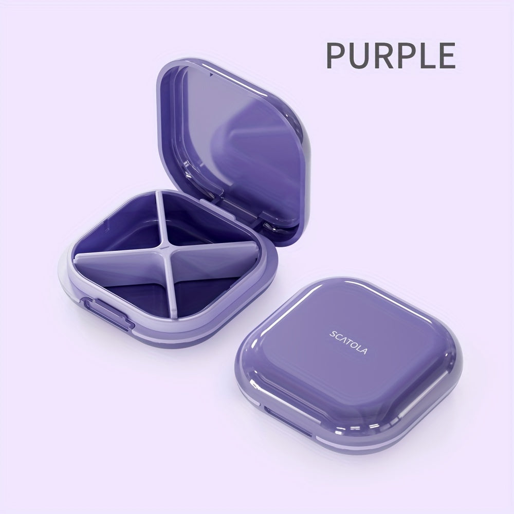 White and Blue 4-Compartment Pill Organizer with Transparent Lid for Travel and Daily Use