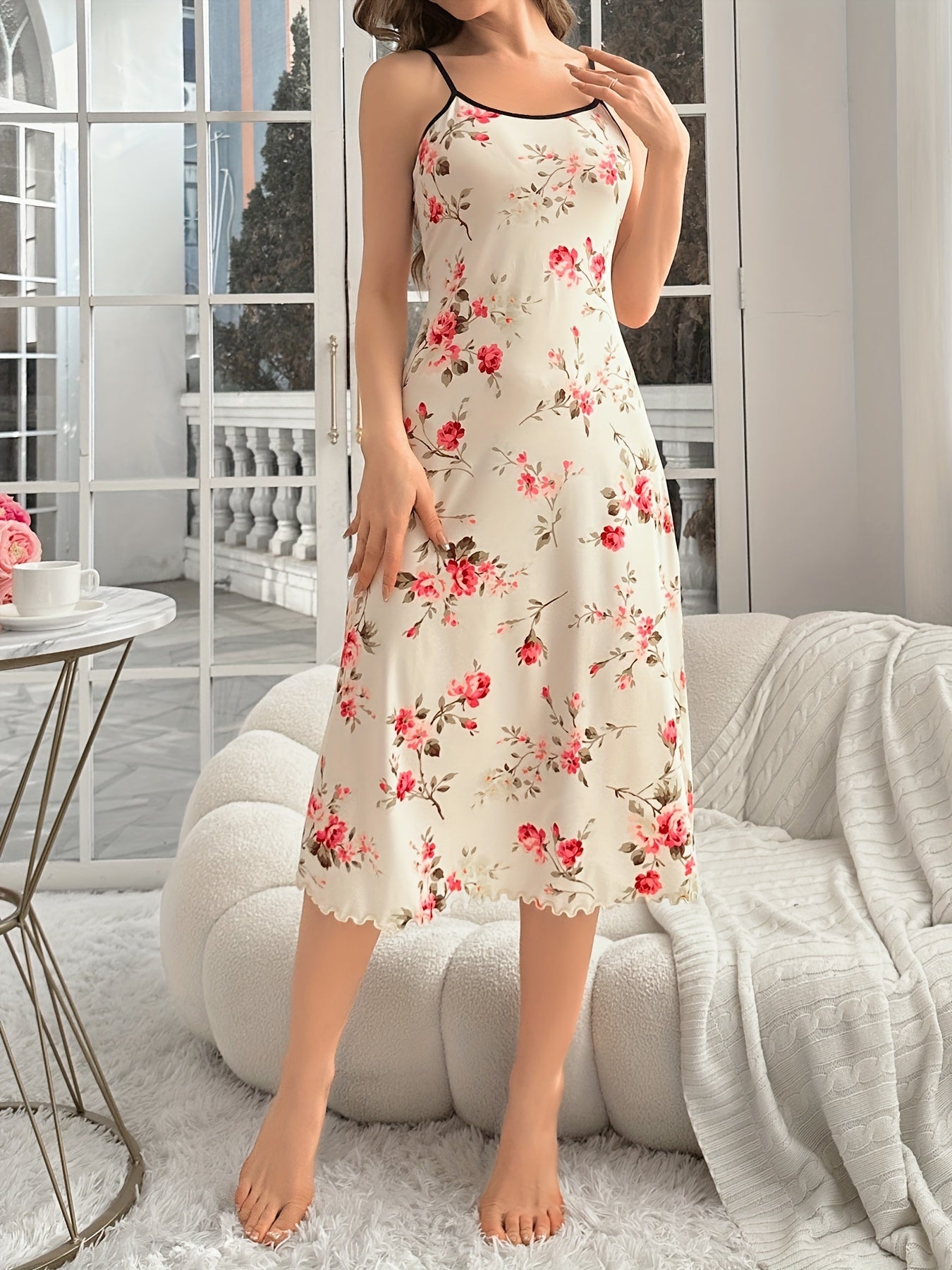 Women's Floral Slip Nightdress with Lettuce Trim Backless Spaghetti Strap All-Season