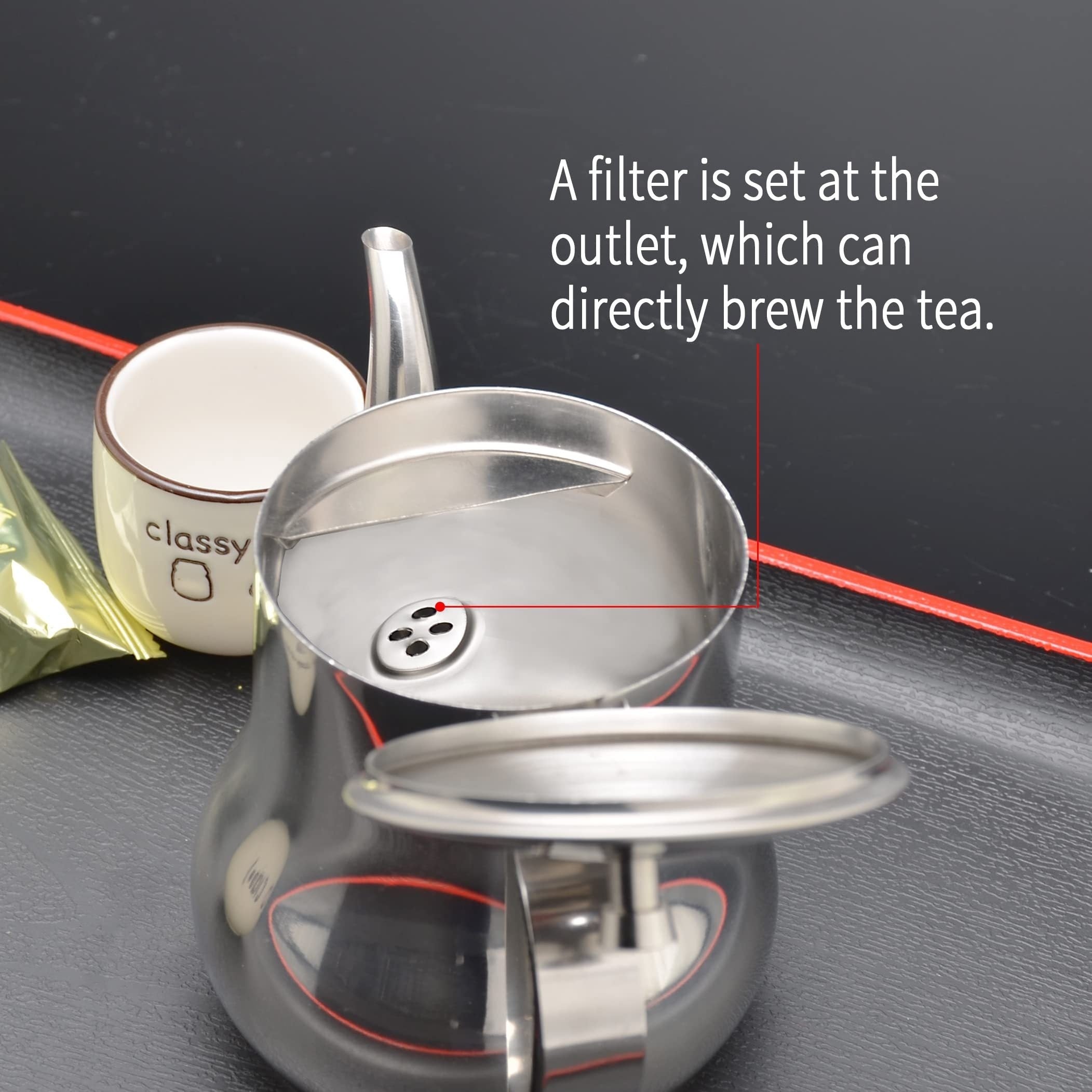 "Silver Stainless Steel Gooseneck Teapot with 48oz Capacity and Integrated Filter, BPA-Free Metal Tea Kettle and Coffee Server, Multi-Purpose Oval Table Serving Pot for Home, Restaurant, Outdoor Use. Dishwasher Safe."