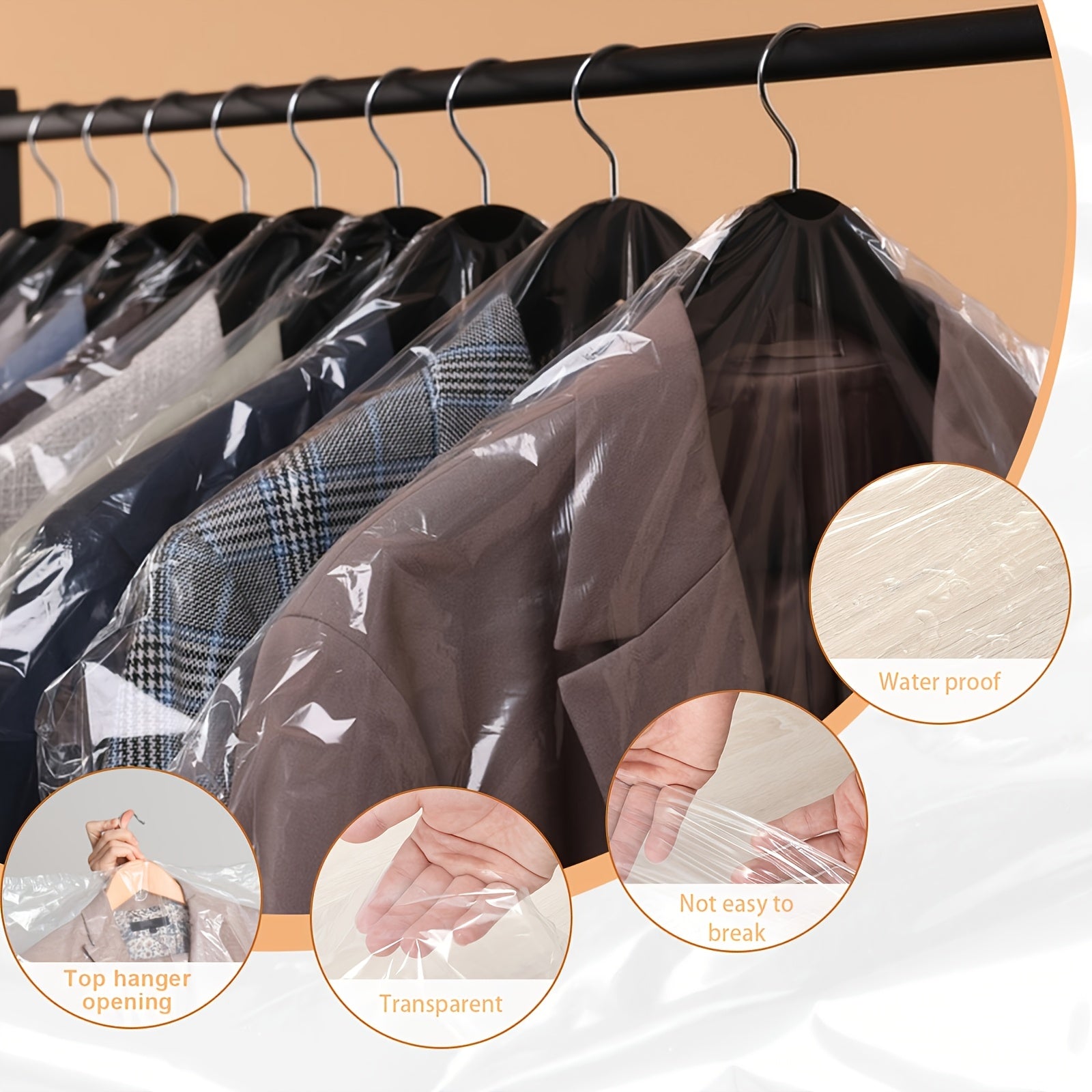 20 ta shaffof plastmassa kiyim sumkasi to'plami, kostyumlar va palto saqlash uchun chang yopilishlari