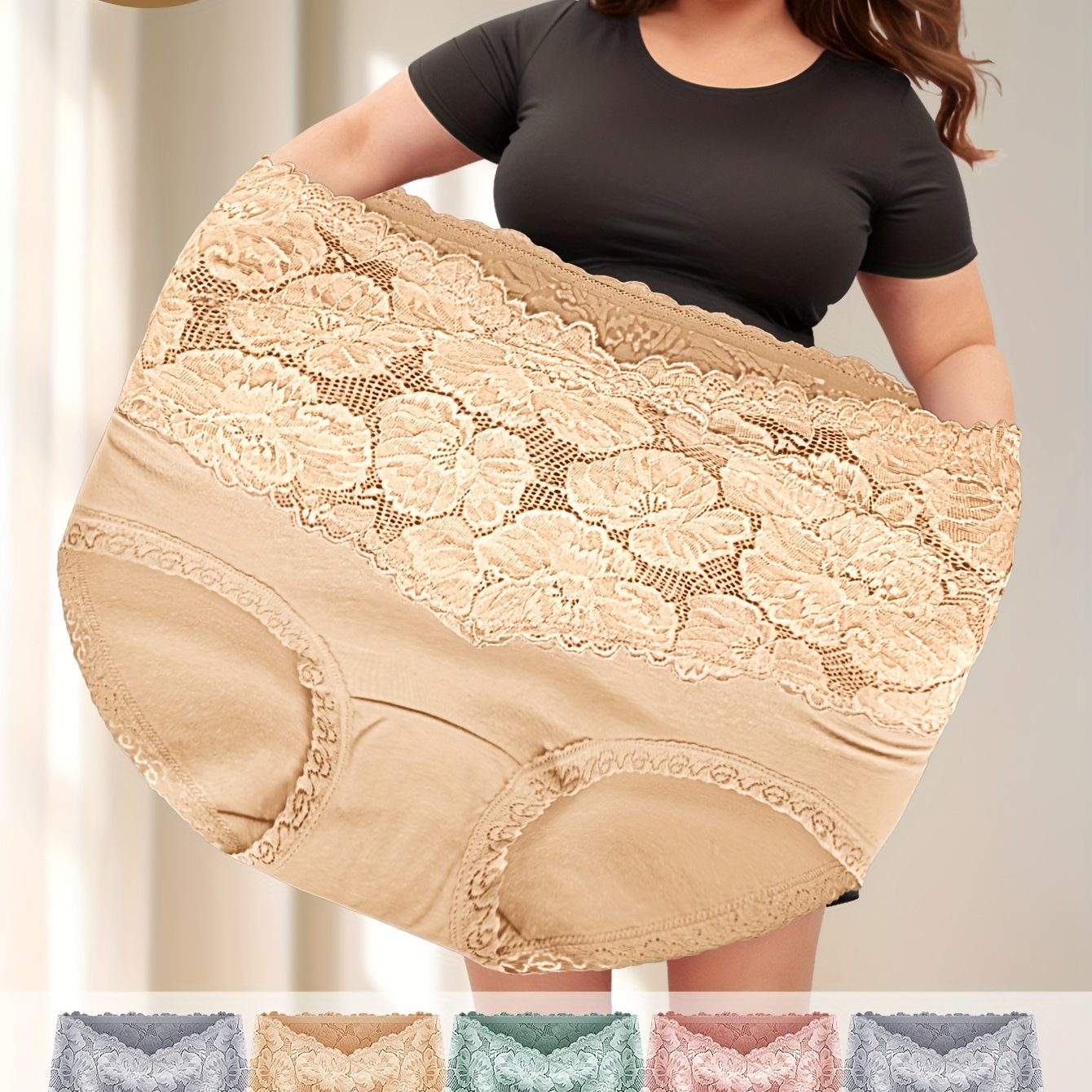 Plus-Size High-Waist Tummy Control Panties with Lace Trim and Butt Lift 5 Pack