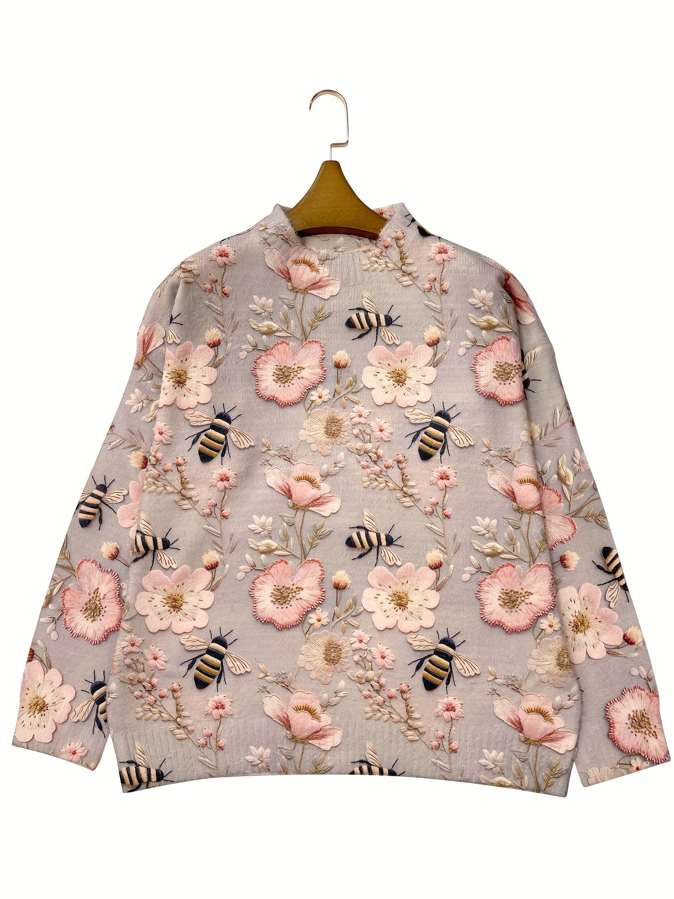 Plus Size Floral Bee Pattern Thick Crew Neck Sweater for Women