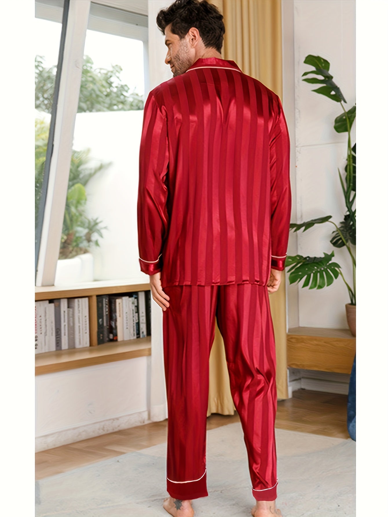 Men's Long Sleeve Striped Pajama Set for Spring and Fall Casual Home Wear