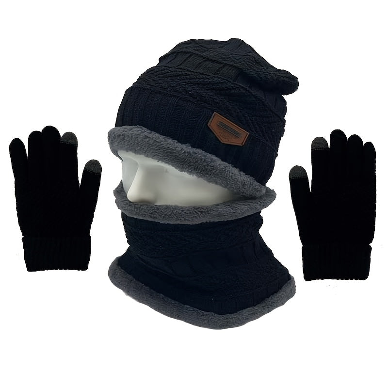 Men's Cozy Knit Hat Scarf Gloves Set Thick Fleece Lining Winter Warmth