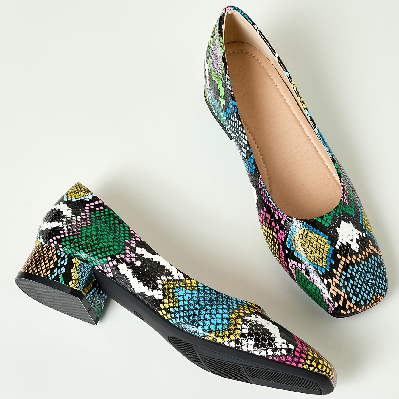 Women's Square Toe Pumps with Mid Heel and Rubber Sole