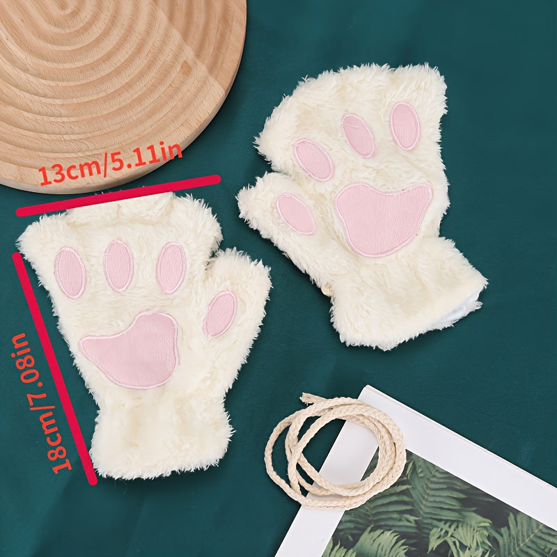 Kawaii Cat Paw Plush Gloves for Women Warm Fleece Half Finger Winter Autumn
