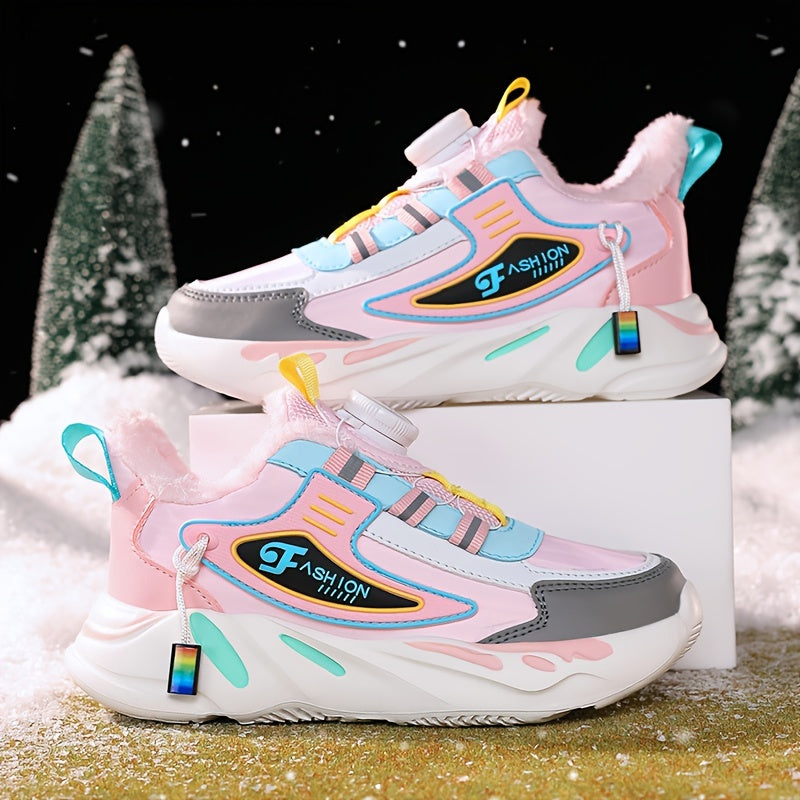 Girls Fleece-Lined Athletic Sneakers Stripes Mid-Top Casual Running Shoes