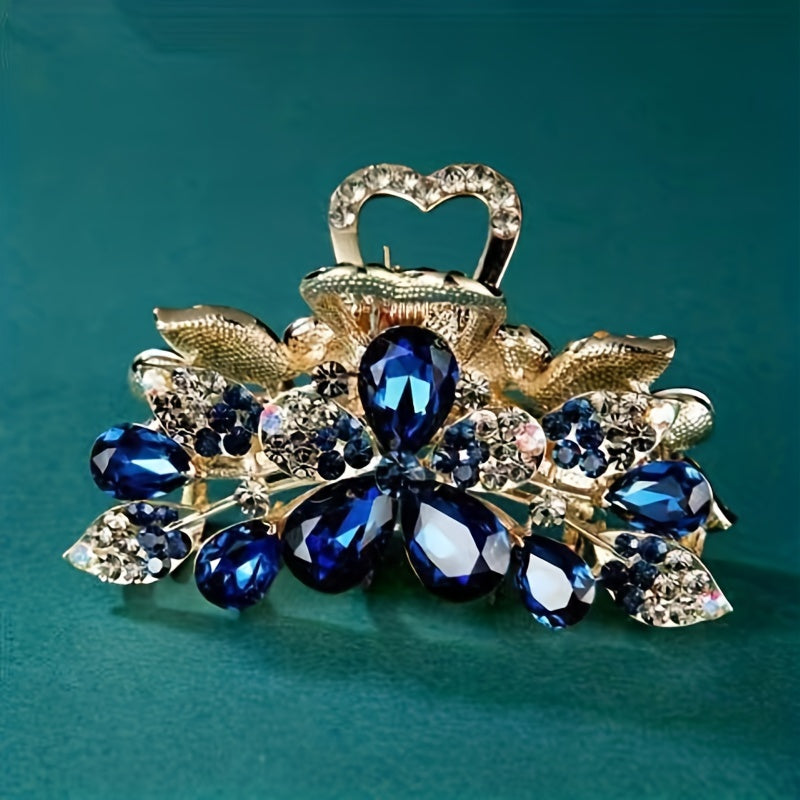 Large Rhinestone Flower Hair Claw Clip for Women, Secure Ponytail Holder