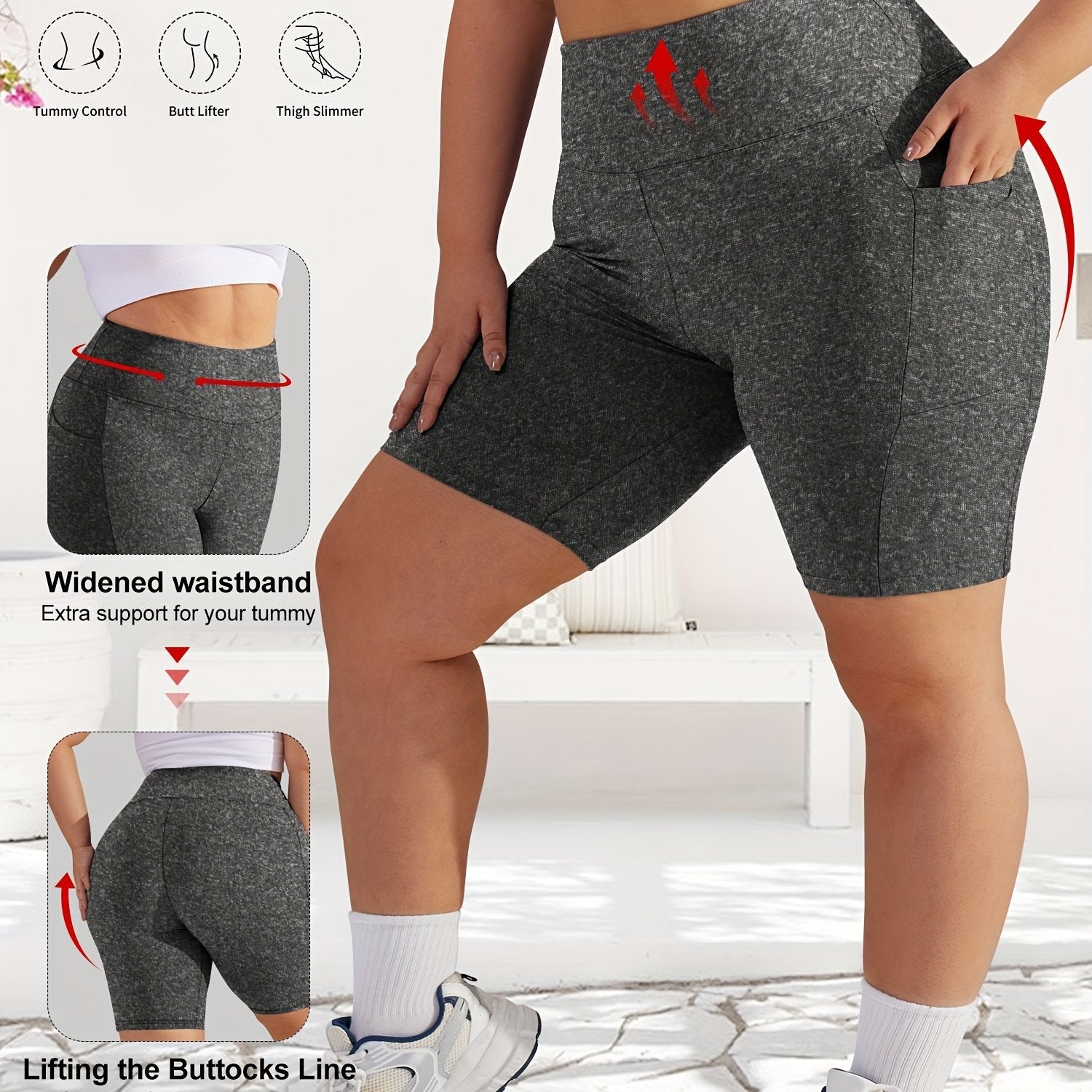 Women's Plus Size High-Waist Tummy Control Workout Shorts with Pockets