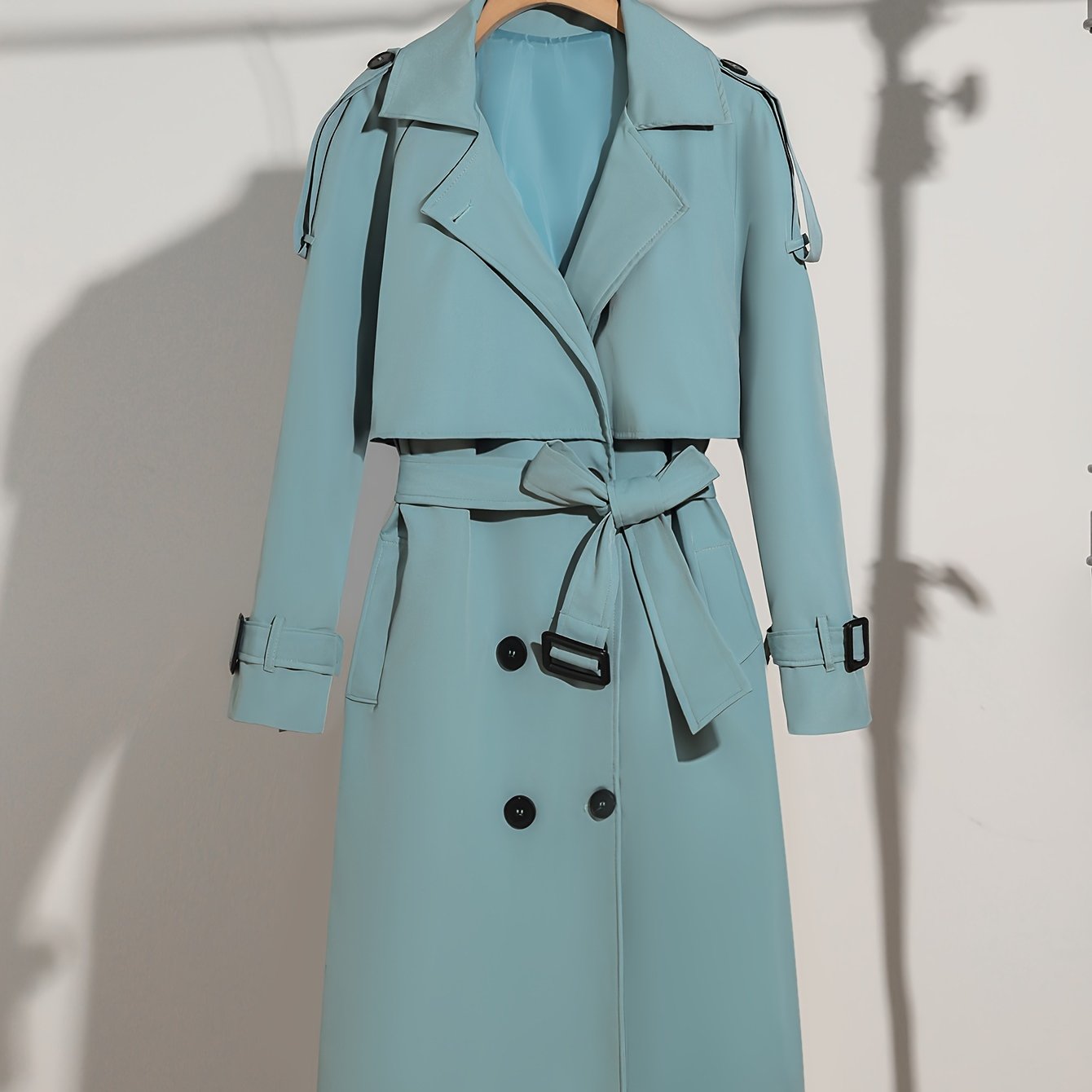 Abrigo trench de talla grande para mujer con doble botonadura, cinturón, solapa sólida y poliéster