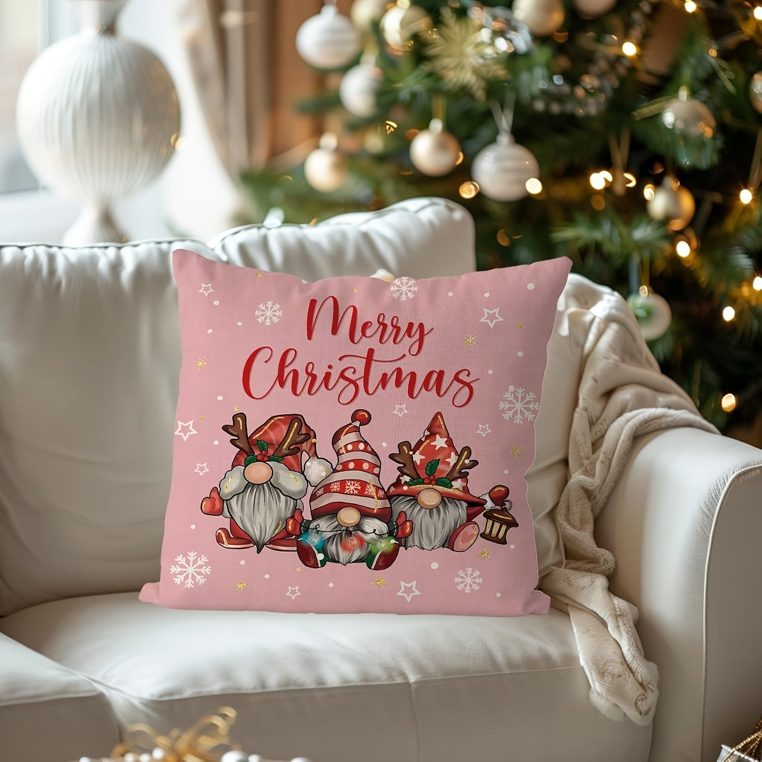 Modern Christmas Linen Throw Pillow Cover Gnome Design Zipper Washable Decorative Cushion