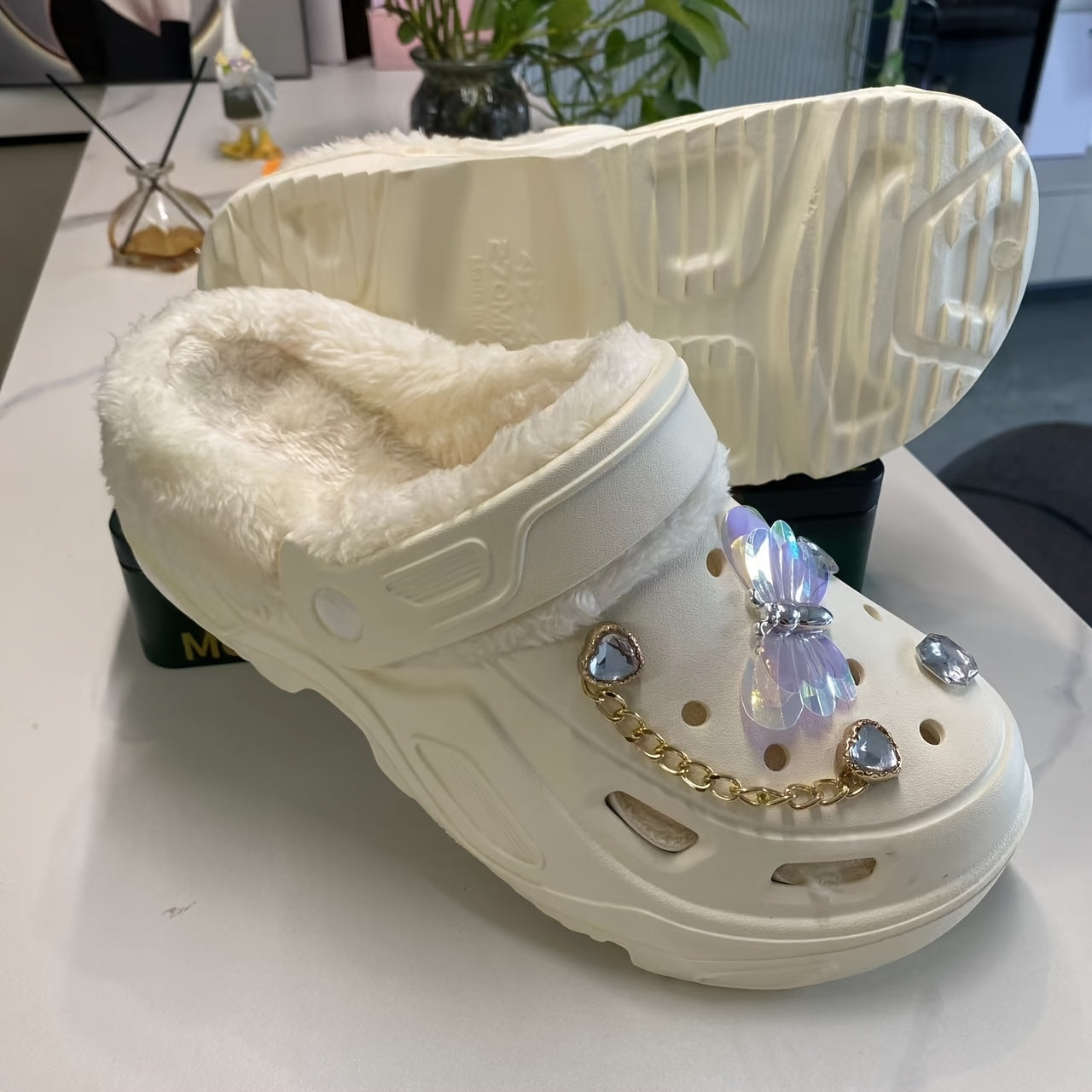 Women's Warm Plush Lined Shoes with Butterfly Heels and Bear Accessories