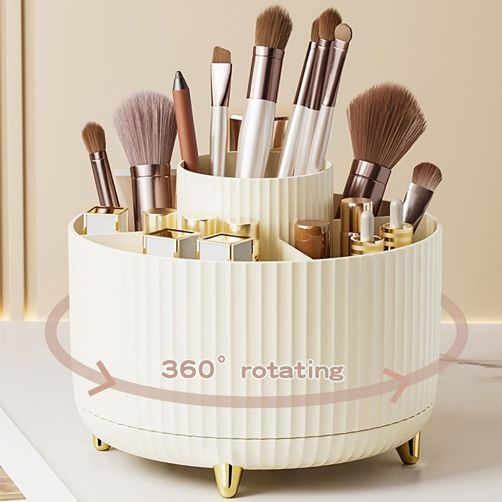 360° Rotating Makeup Organizer with 5 Compartments Plastic Storage Box for Brushes Lipsticks and Skincare