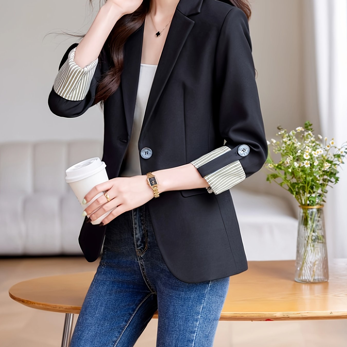 Women's Solid Color Long Sleeve Roll-Up Blazer with Pockets for Fall Winter