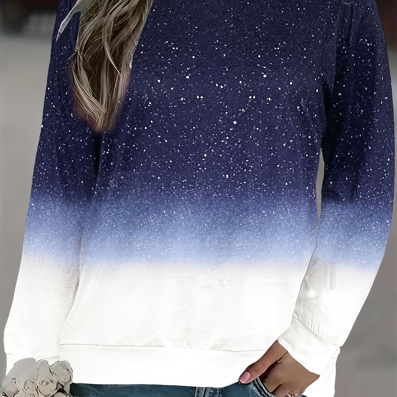 Sudadera de manga larga con estampado ombré de purpurina para mujer talla grande