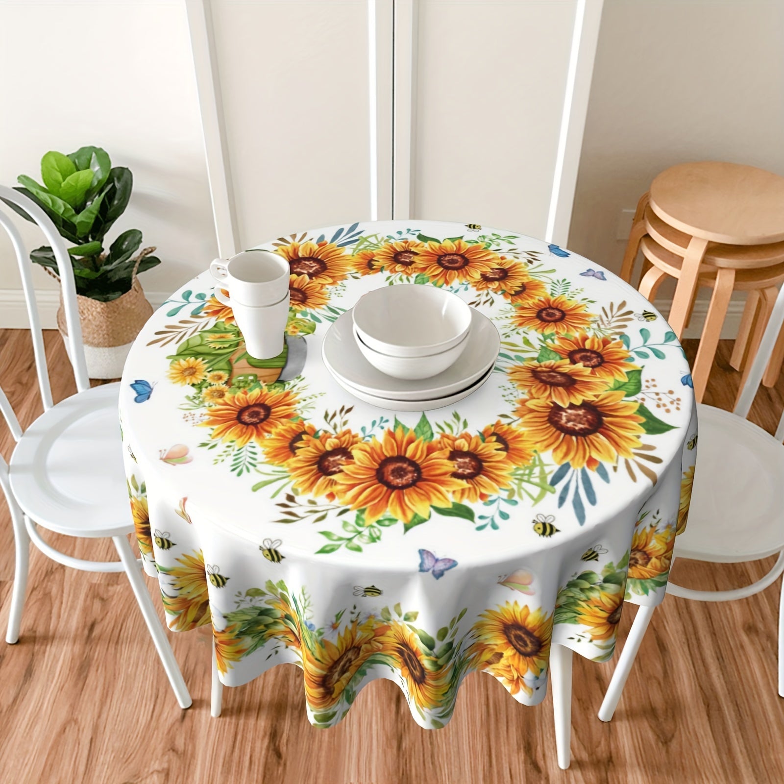 Sunflower Round Tablecloth with Floral Design Butterflies Bees Stain-Resistant Polyester Farmhouse Style for Kitchen Dining Picnic
