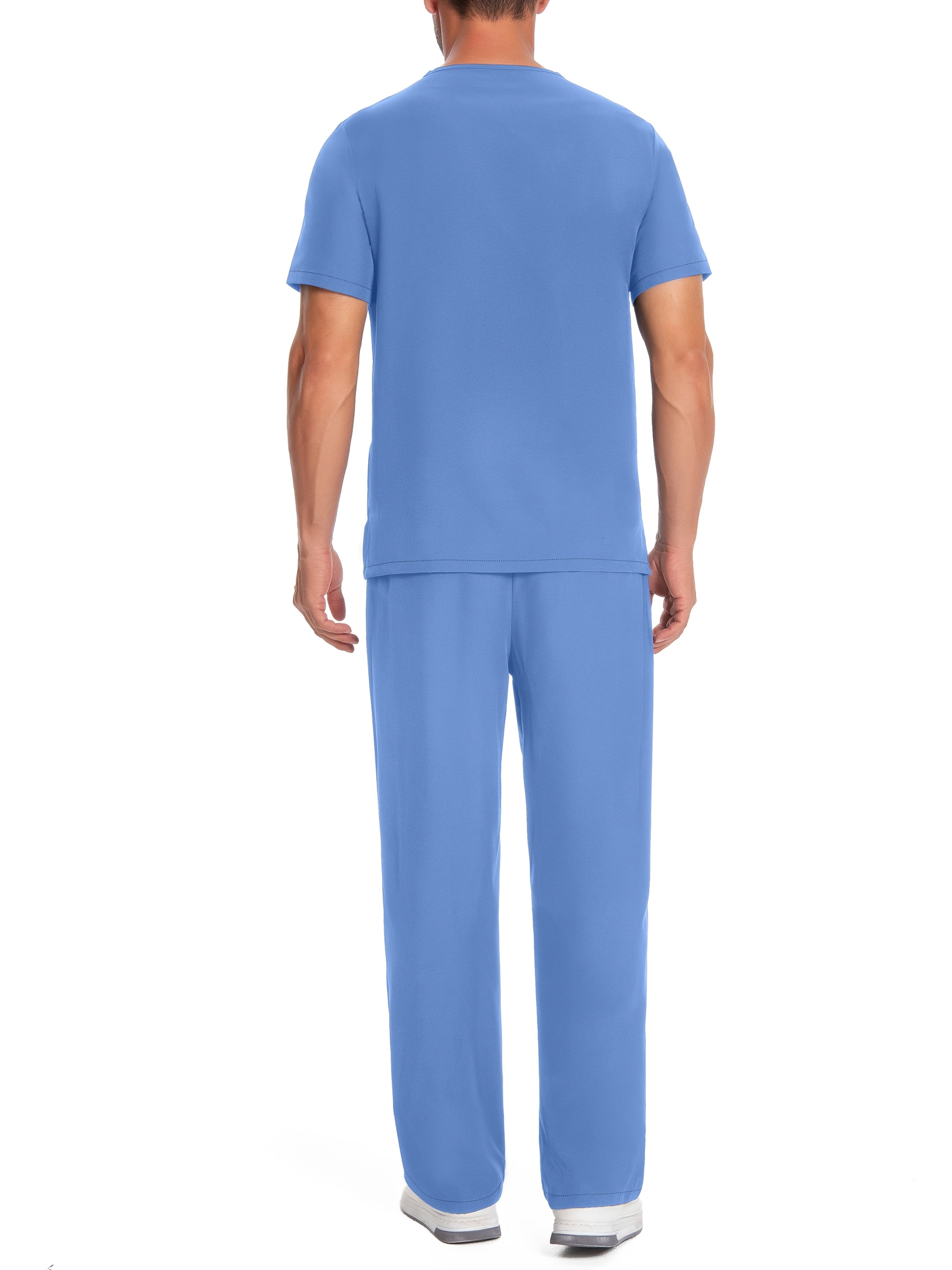 Men's Polyester V-Neck Scrub Set Short Sleeve Solid Color Zipper Pockets for Healthcare Lab Pet Grooming