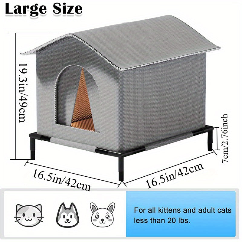 Outdoor Cat House Oxford Cloth Insulated Weatherproof Shelter with Raised Stand and Double-Sided Mat