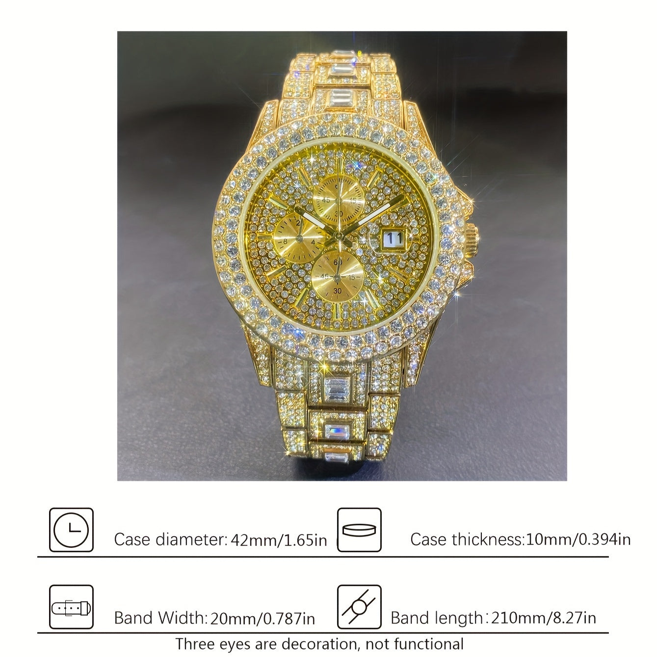 Men's Gold Diamond Decorated Quartz Watch with Rhinestone Dial and Hip-Hop Style