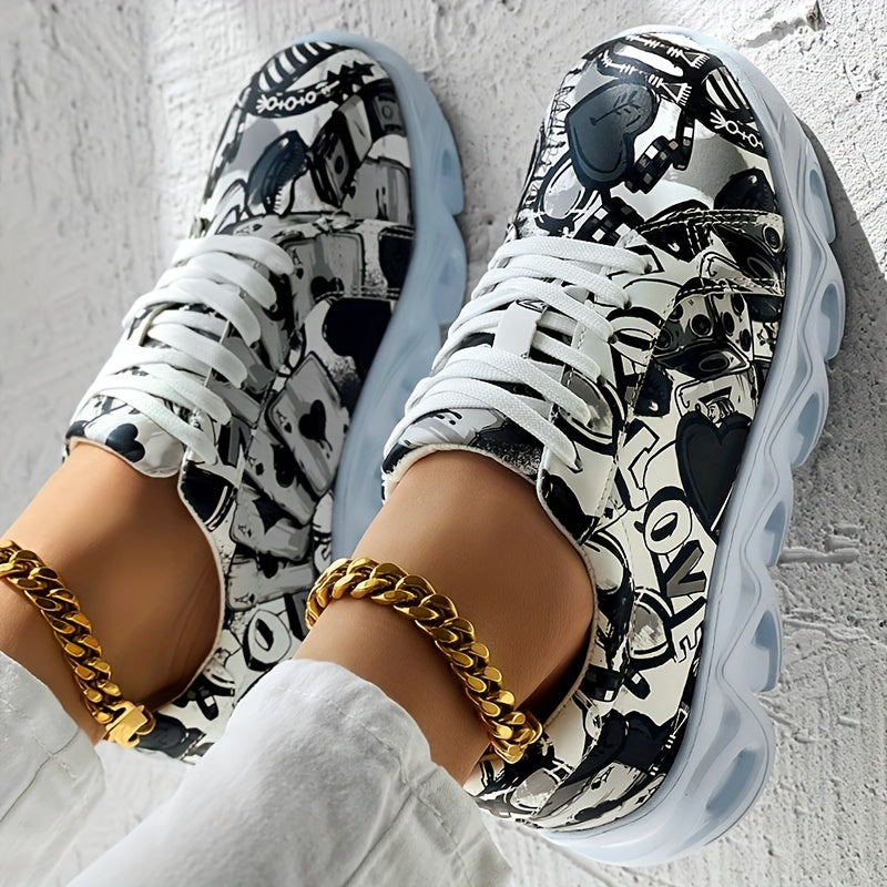 Women's Canvas Sneakers Casual Low Top Outdoor Shoes with Graffiti Pattern
