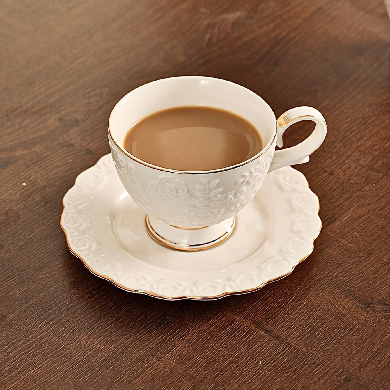 European Style Gilded Ceramic Coffee Cup and Saucer Set Embossed Gold Edges for Tea Latte Breakfast
