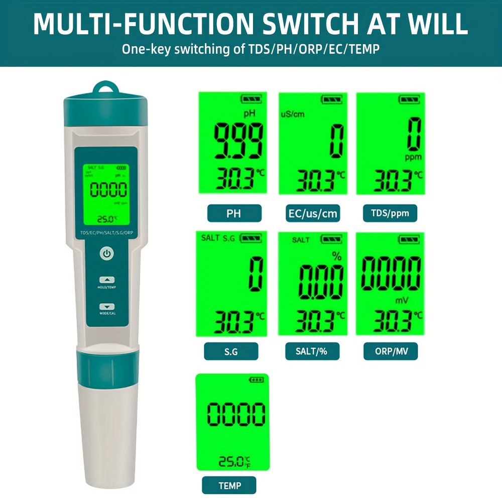 7-in-1 Water Quality Tester Pen with LCD Backlight and Rust-Proof Platinum Electrode