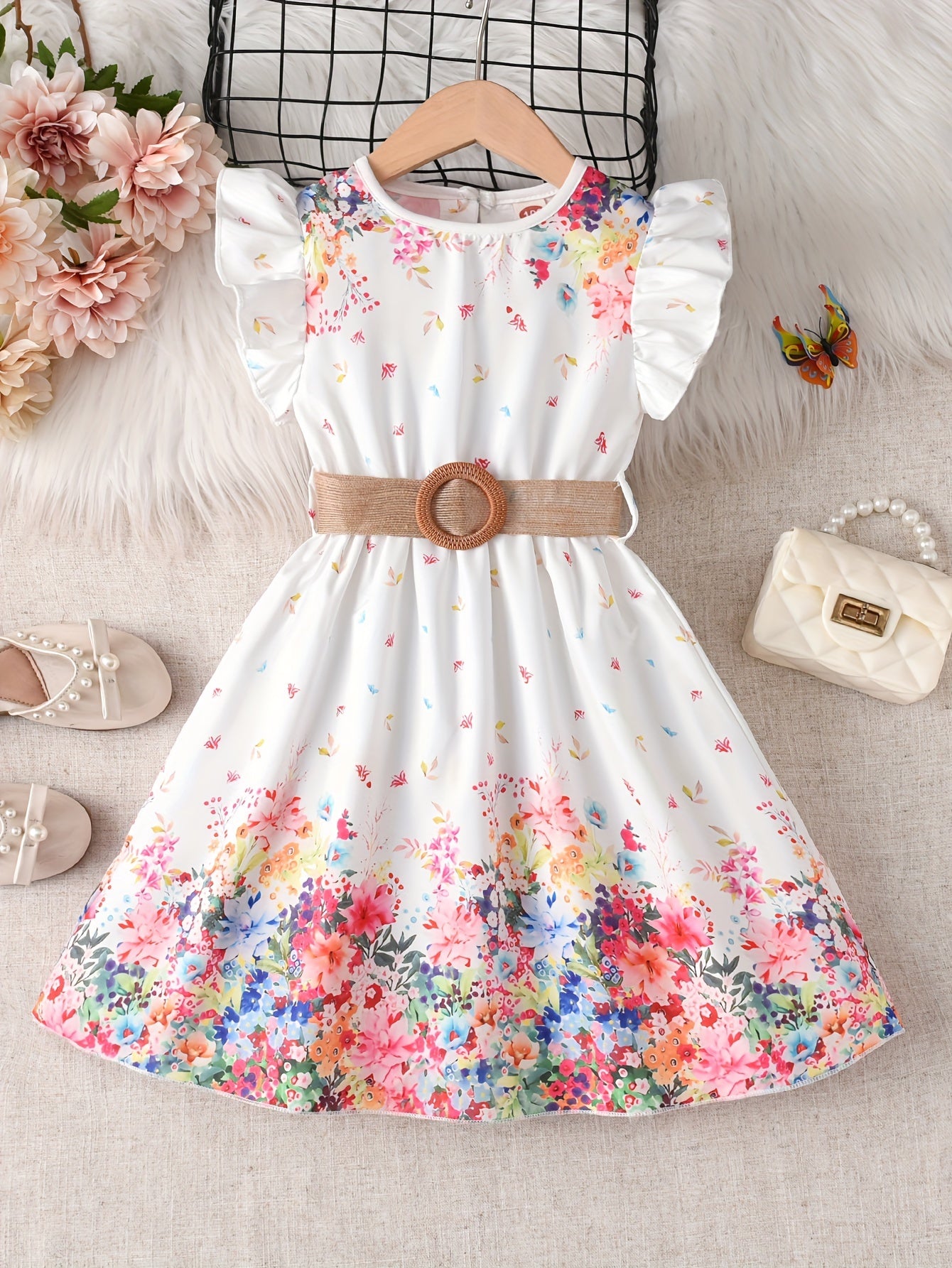 Girls Floral Princess Dress with Flutter Sleeves and Belt for Summer