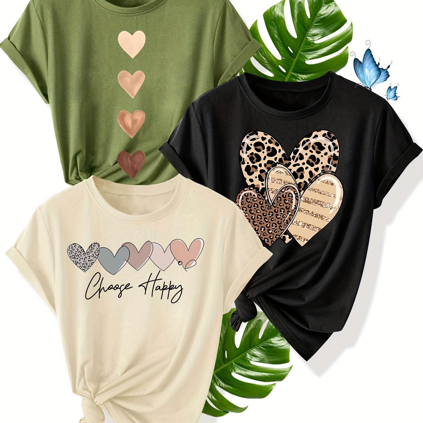 Women's Retro Heart Graphic Tees 3-Pack Short Sleeve Summer Cotton Blend