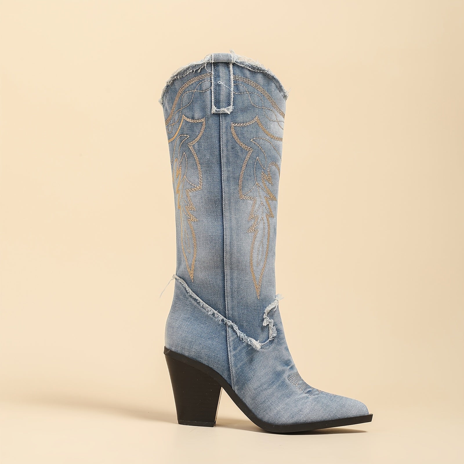 Women's Knee High Boots Leather Retro Western Style Pointed Toe Zipper Heel