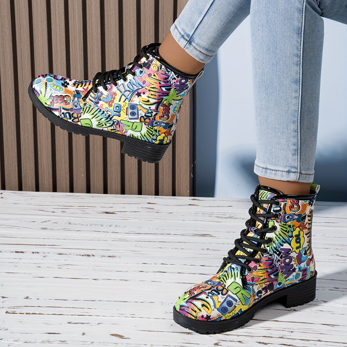 Women's Floral Printed Leather-Look Mid-Calf Boots with Round Toe