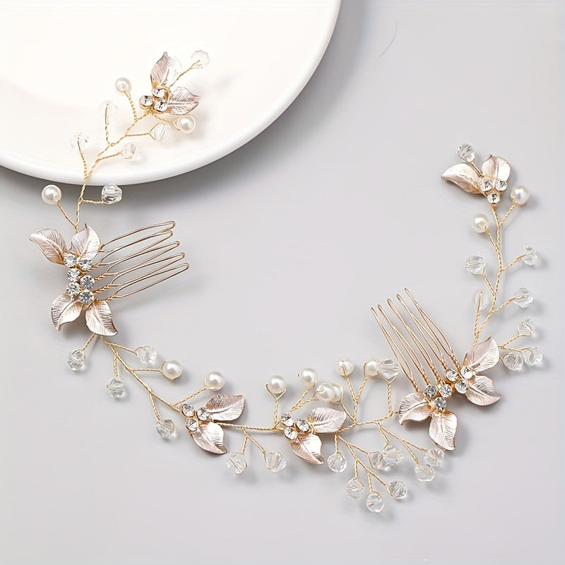 Banda para el cabello de mujer con peine, decoración de flor de perlas falsas, rhinestones, hojas, para bodas y uso diario