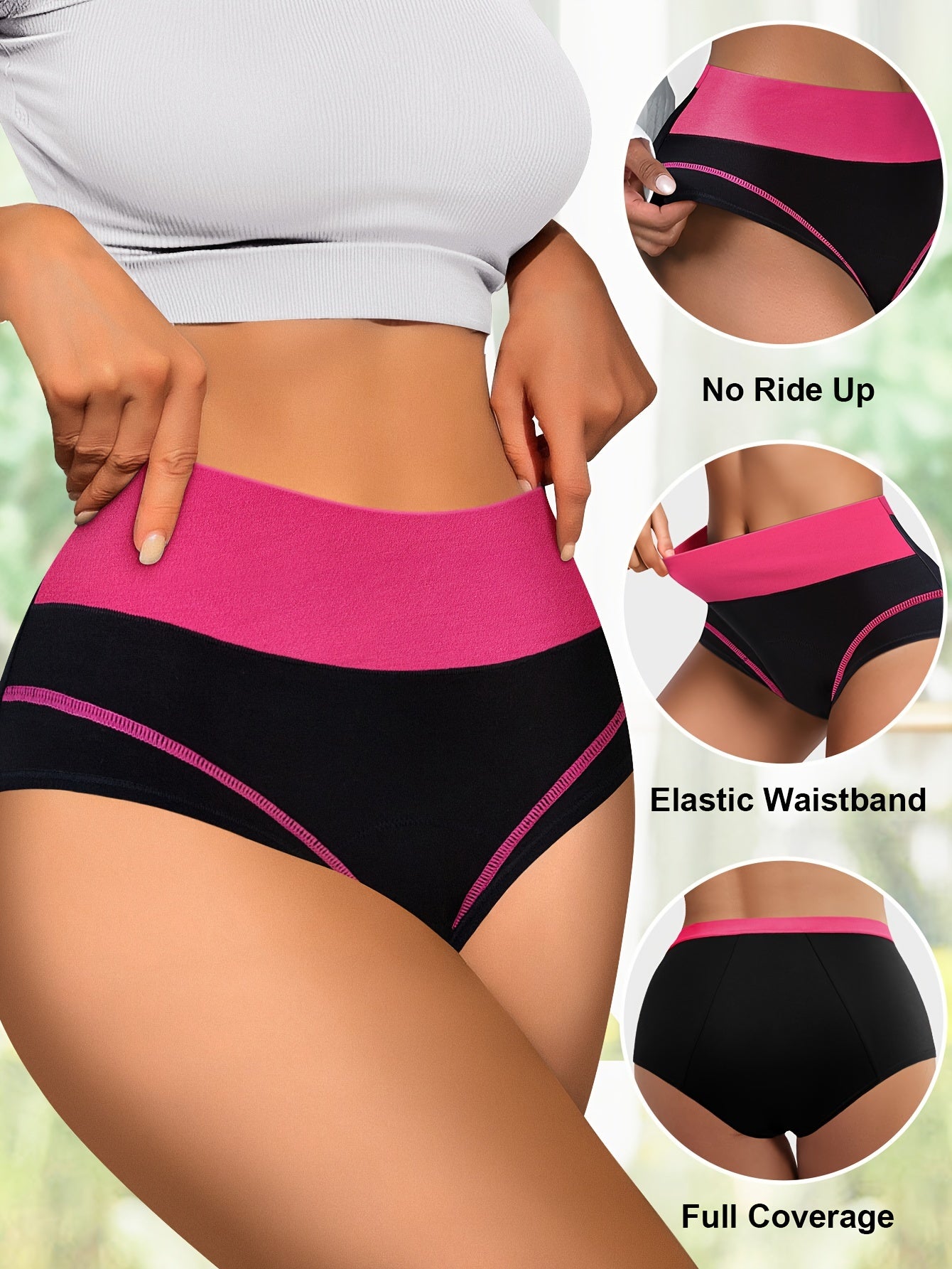 Women Cotton Leakproof Period Panties High Waist Color Block 3-Layer Support