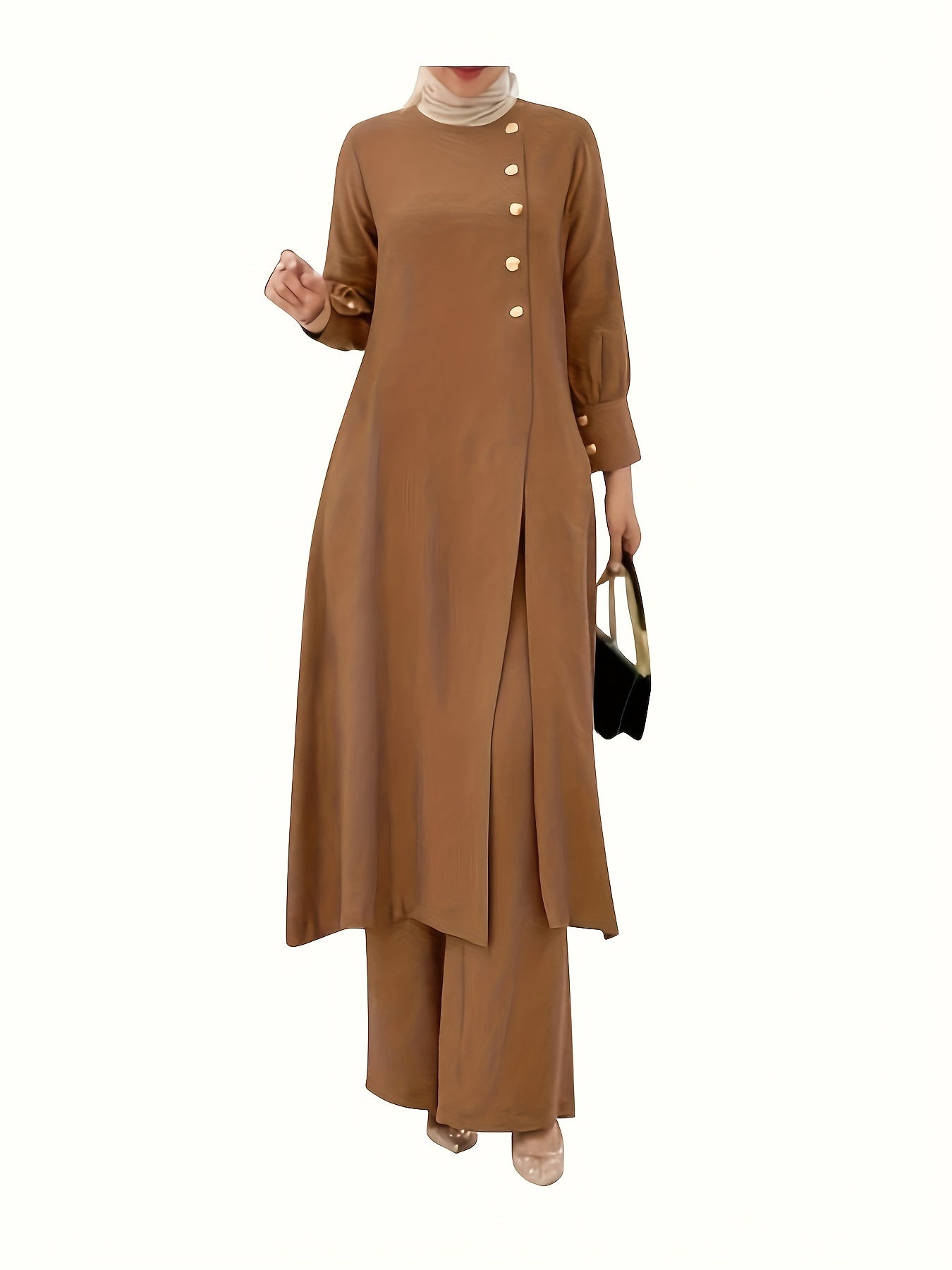 Conjunto de dos piezas de poliéster negro con mangas de farol y pantalones de pierna ancha para mujer