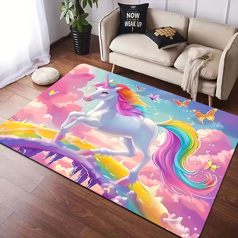 Unicorn Area Mat 8mm Polyester Cartoon Fantasy Rug for Bedroom Living Room Entryway