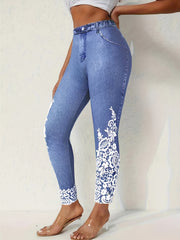 Plus Size Denim Print Faux Pocket Skinny Pants Breathable Stretch Trousers