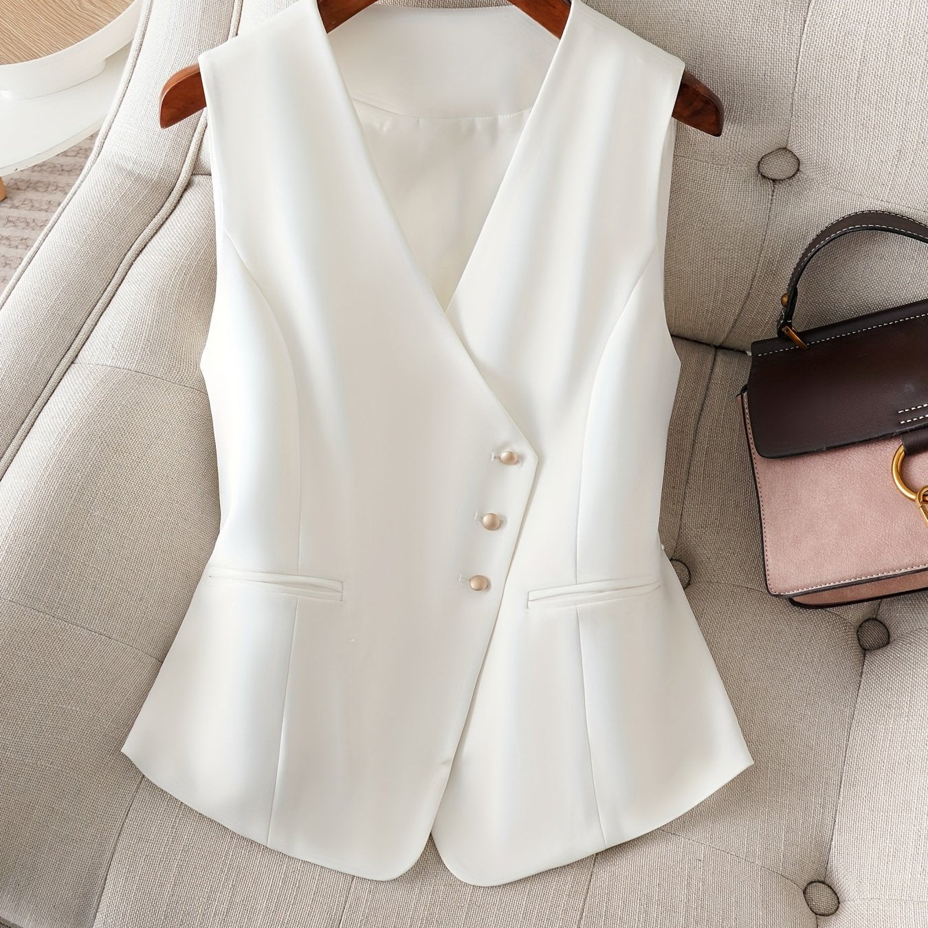 Chaleco de poliéster para mujer con escote en V y detalle de botones, dobladillo acampanado, ajuste ajustado para primavera y otoño, profesional