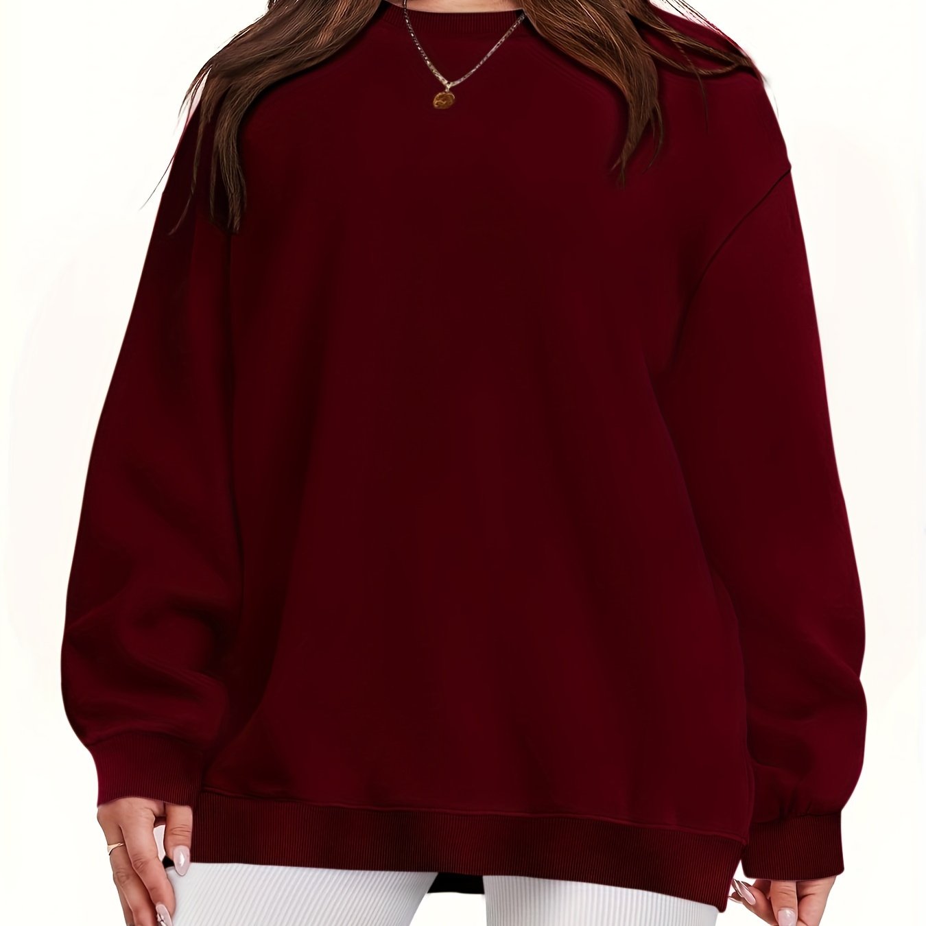 Plus Size Women's Solid Long Sleeve Crew Neck Sweatshirt Casual Fall Spring