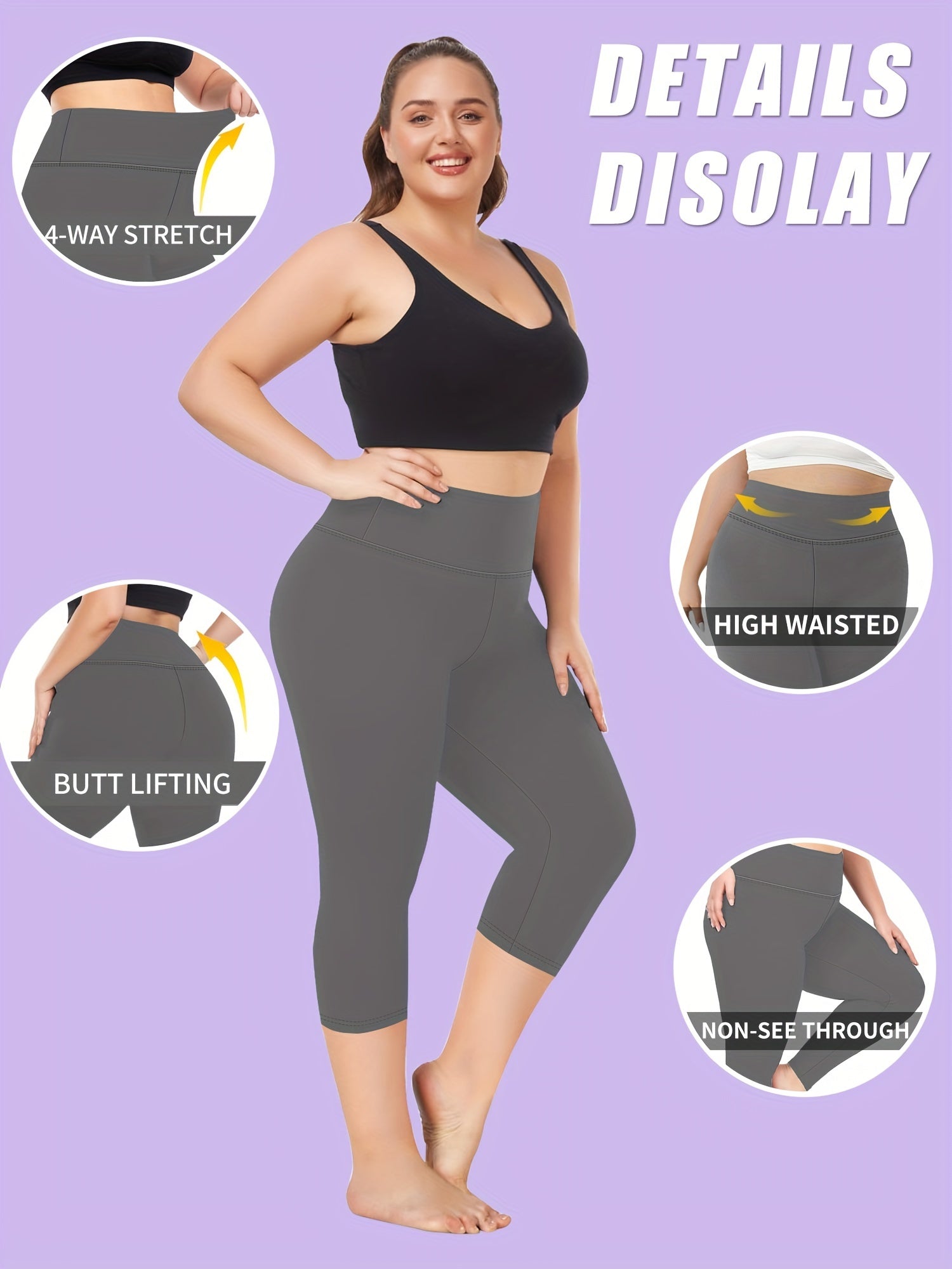 Plus Size Women's High-Waist Capri Leggings Solid Color Stretchy Casual
