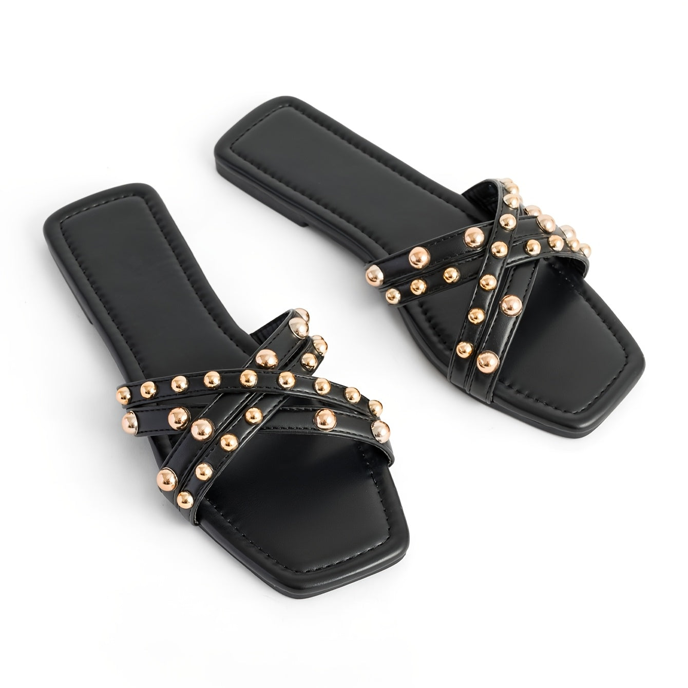 Women's Summer Rivet Embellished Square Toe Flat Sandals Casual Slip-On Open Toe Shoes