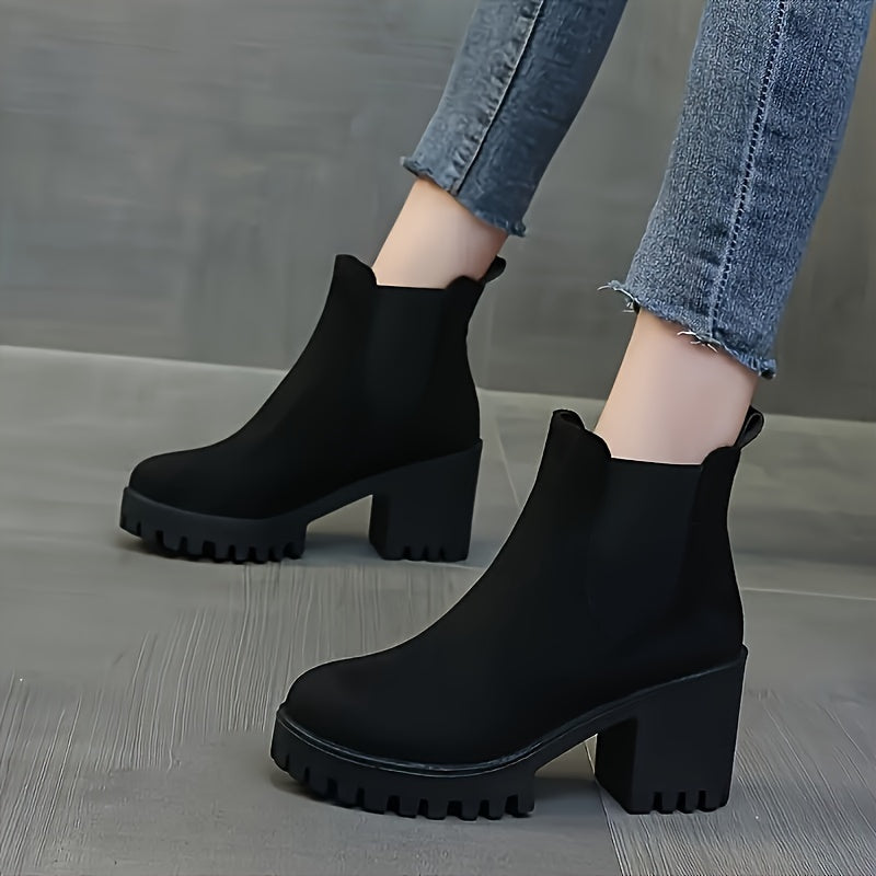 Women's Short Boots With Chunky Heel, Stretch Fabric, Comfortable Ankle Shoes