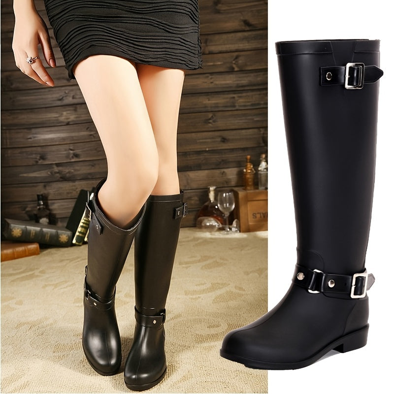 Women's PVC High-Calf Rain Boots with Adjustable Buckles Black Outdoor
