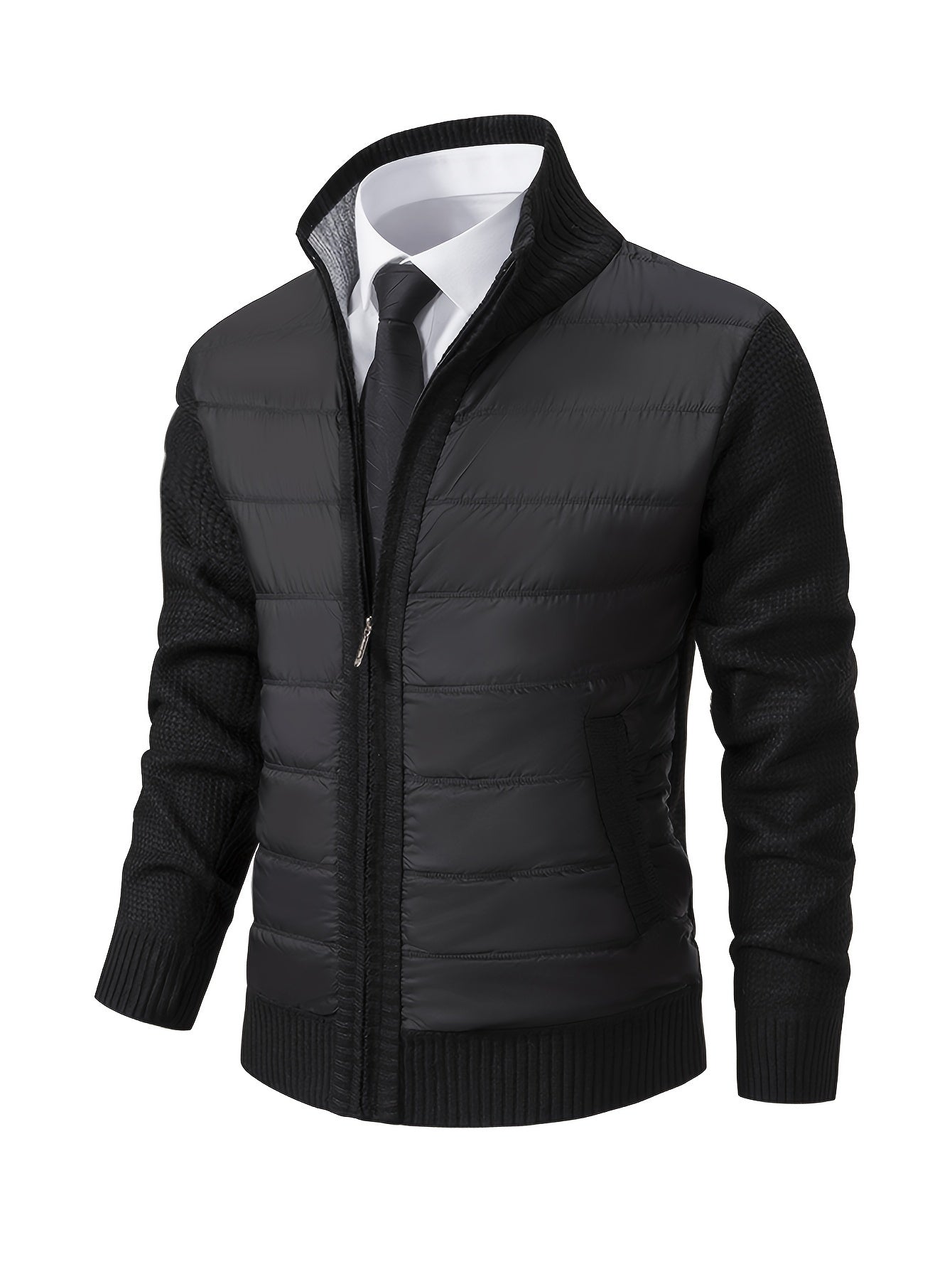 Men's Light Gray Polyester Casual Knit Jacket with Mandarin Collar for Hiking and Outdoor Activities