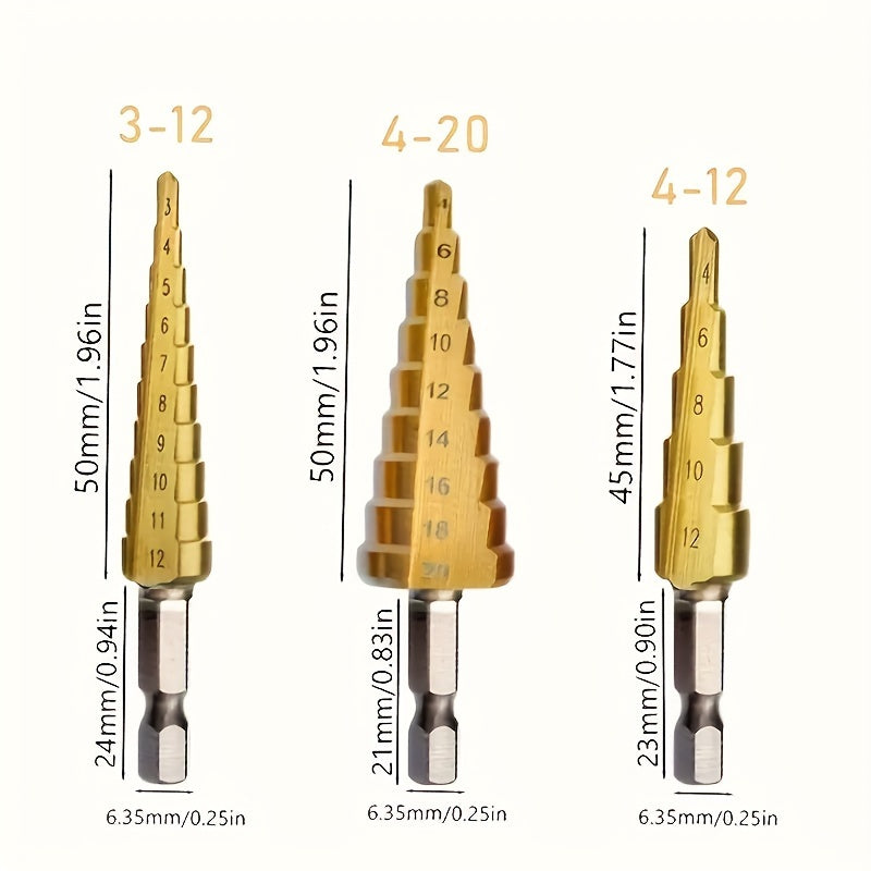 3-Piece Titanium-Coated High-Speed Steel Step Drill Bit Set for Wood and Metal